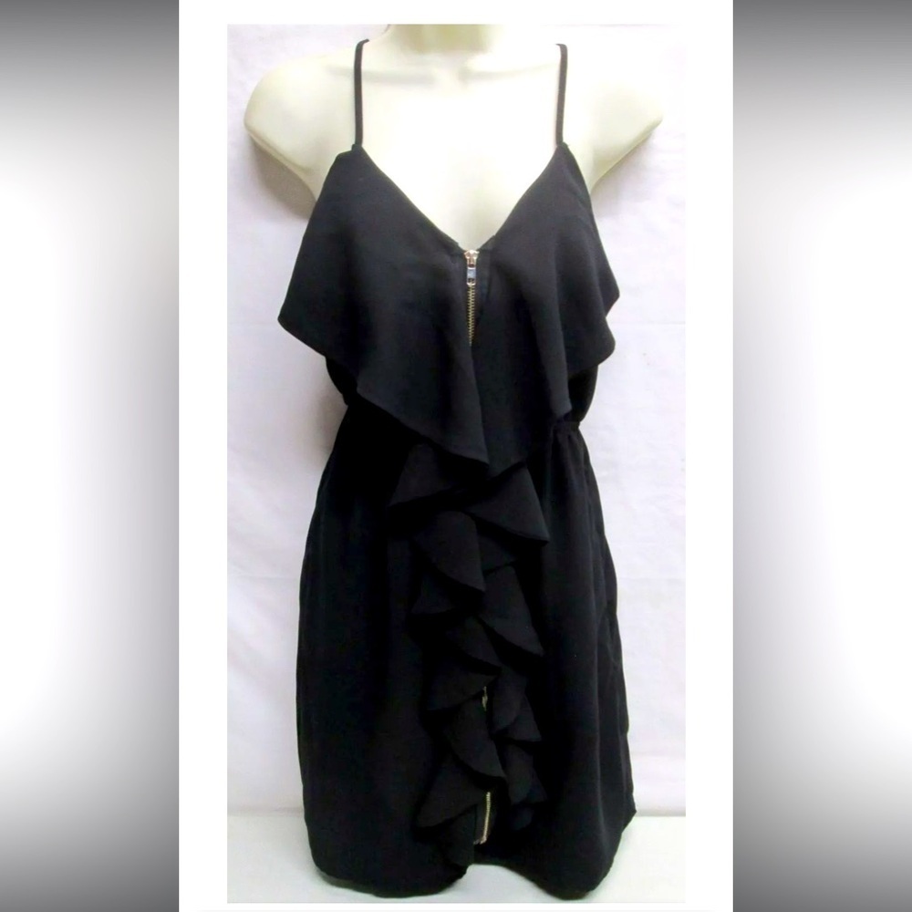 Pink Owl Apparel Large  Black Dress Spaghetti Strap Full Zip Front Ruffle